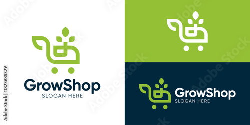 Creative simple grow shop logo template. Shopping cart with plant or green leaf for Eco market logo design vector illustration.