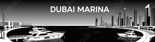 Dubai Marina skyline with luxury yachts in black and white vector art