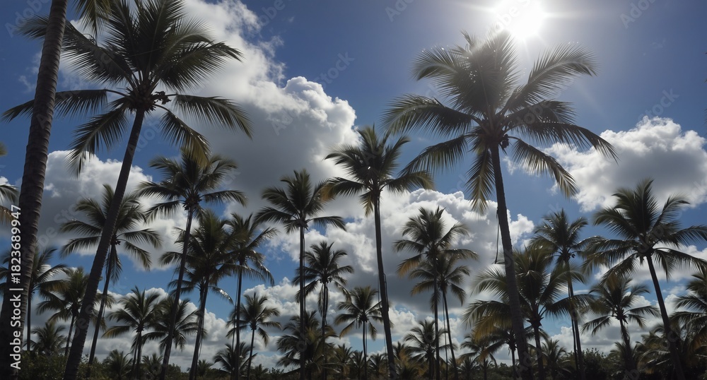 Obraz premium tropical palm trees against a bright blue sky with fluffy white clouds on a sunny day.