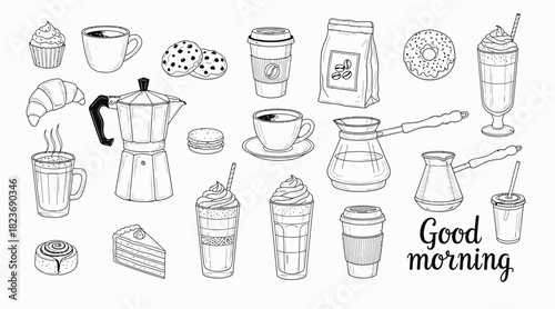 Coffee and dessert sketch collection for cafe menu design