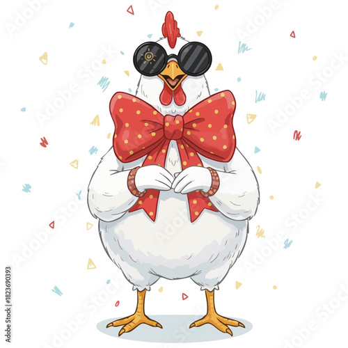 Party chicken, cool rooster. Dapper hen. Celebration poultry. Bow tie boss. Funny farm mascot. Farm animal character wearing stylish black sunglasses, massive, striking red polka-dot bow tie