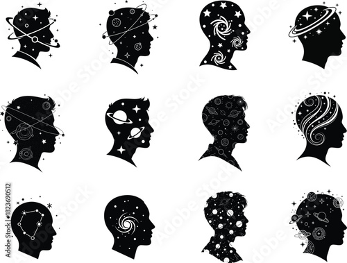 Human head silhouettes with galaxy and universe inside