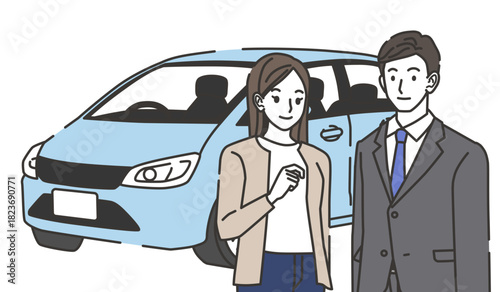 自動車購入を案内する男性と女性のイラスト