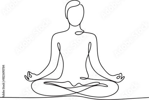 Continuous line art illustration of seated person meditating in lotus pose with handmade sketch contour