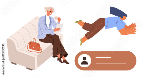 Woman sitting with coffee and paper on sofa, brown bag by side, person leaping toward user profile interface. Ideal for activity contrast, multitasking, online identity, profile creation, human