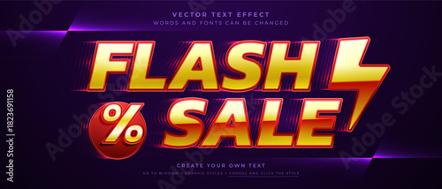 Flash Sale 3D text with lightning bolt on a purple background