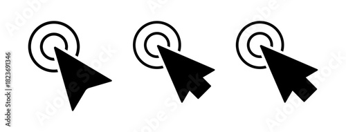 Three cursor arrows clicking circular targets in one unified graphic, representing interaction, selection, and digital actions in a clean minimalist style.