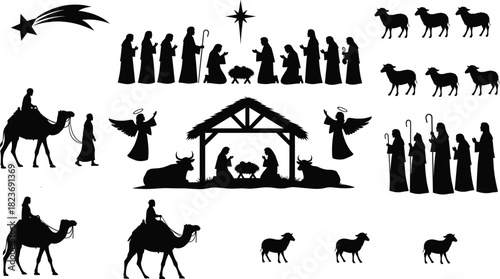 Nativity scene silhouettes, Christmas manger illustration, holy family clipart, biblical birth vector, religious icons, festive design, black graphic elements