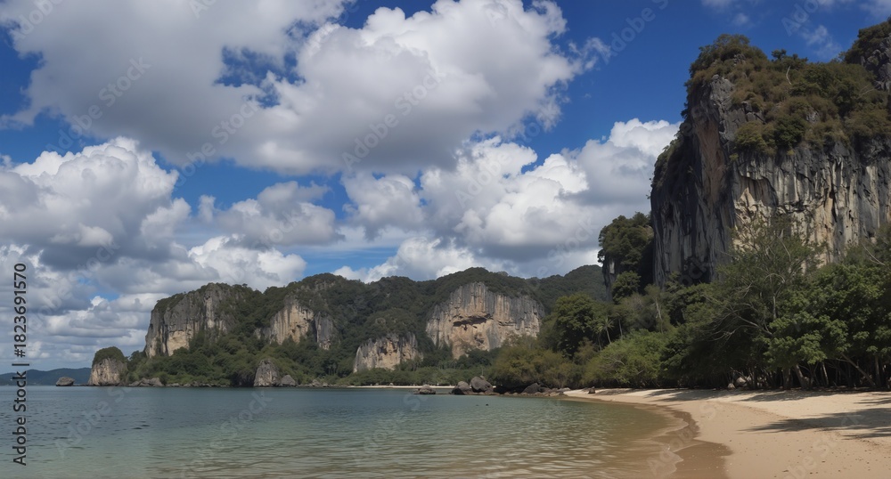 Fototapeta premium tropical beach with limestone cliffs and dramatic clouds in thailand.