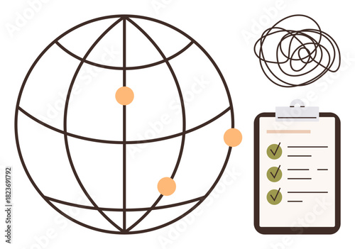 Globe with multiple points, chaotic scribble, and a clipboard with checklist highlight global collaboration, problem-solving, strategic planning, decision-making, and task management. Ideal