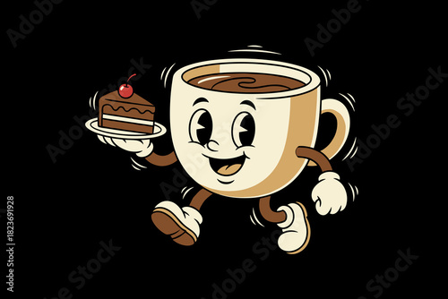 Retro Coffee Cup Character Holding a Slice of Chocolate Cake.
