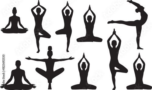Yoga Poses Woman Silhouette, Set Isolated Over White Background