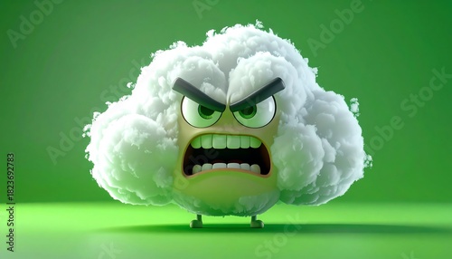 An angry cartoon puffball character with bushy white hair glares against a green background in a brightly lit studio