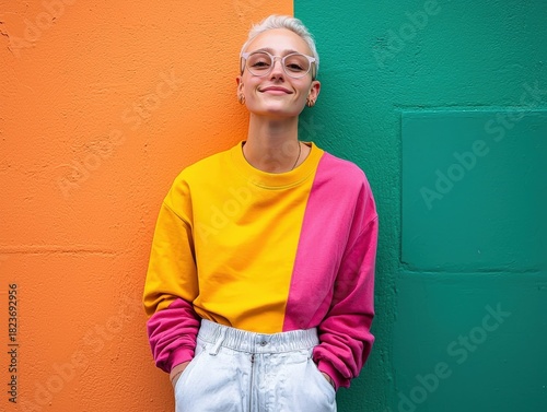 A non-binary person wearing gender-neutral fashion, standing against a colorful urban backdrop