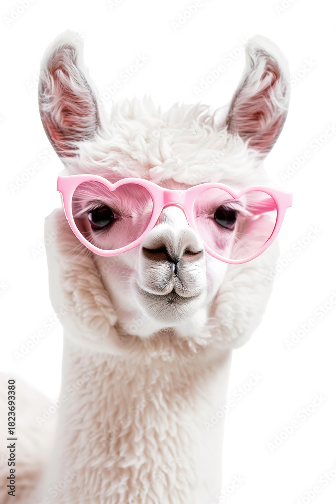 Obraz premium A cute llama poses confidently, wearing pink heart-shaped sunglasses. The isolated subject stands out against a transparent backdrop, showcasing its playful character