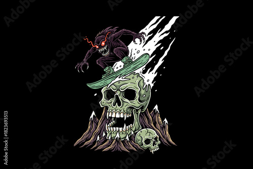 Monster snowboarding on a skull with fire and mountains.