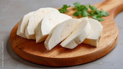 Slices of raw cassava root on a wooden cutting board, fresh tropical vegetable ready to cook