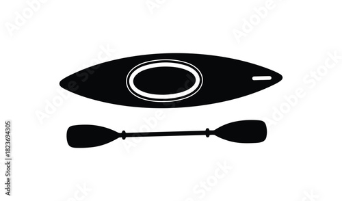 Black silhouette of a kayak and paddle on a white background