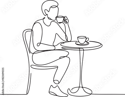 Continuous line art illustration of person seated at small café table sipping coffee with hand-sketched contour