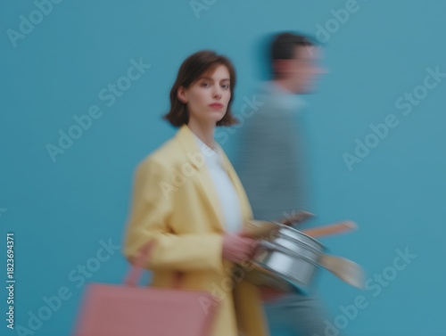 Woman in yellow blazer stands determined, holding cookware and shopping bag as a blurred man rushes by, symbolizing juggling career, household and modern multitasking pressures