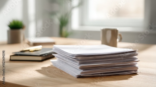 Professional office scene featuring a pile of reports on a clean desk