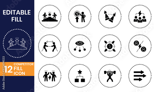 Business Competition Icon Set – Leadership, Teamwork, Challenge, Strategy & Rivalry Filled Line Icons