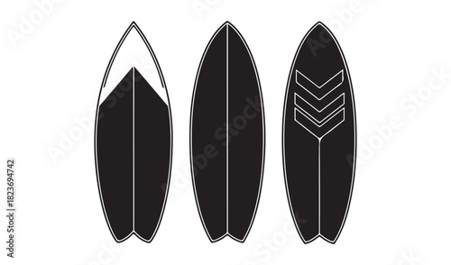 Three black surfboards with abstract designs on a white background