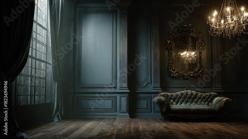 Quiet nocturne vintage parlor with antique furnishings and blank wall space for text