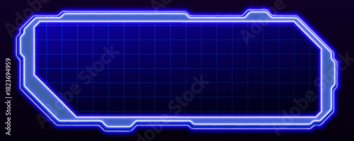 Neon purple HUD frame with grid background. Vector realistic illustration of digital technology border, tech game ui window design, data or warning message box template, virtual infographic display