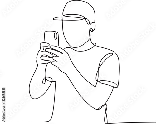 Continuous line art illustration of person holding phone snapping travel photo with natural contour