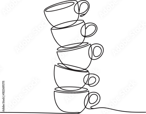 Continuous line art illustration of vertical stack of ceramic coffee cups using natural handmade contour