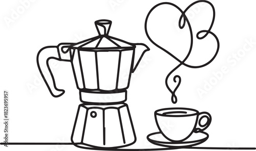Continuous line art illustration of espresso machine releasing steam using natural handmade contour