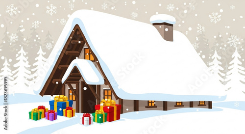Cozy winter cabin scene with fresh snow and presents, perfect for holiday greetings and seasonal promotions, originally a scalable graphic
