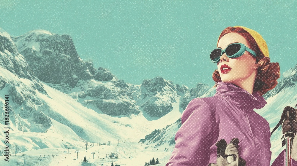 Naklejka premium Vintage postcard style woman on the ski slope, nostalgic fashion, retro ski equipment and snowy mountain backdrop conveying nostalgia and travel romance.