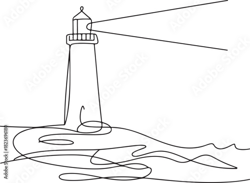 Continuous line art illustration of lighthouse with beam near shore waves using natural hand-sketched contour