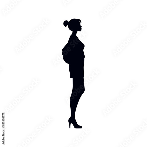 Black silhouette of a woman standing in profile with high heels and hair bun.