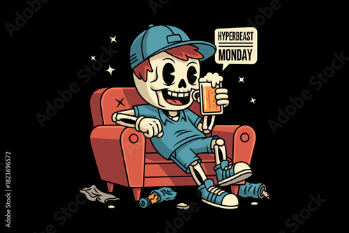 Skeleton character relaxing on a couch with a drink.