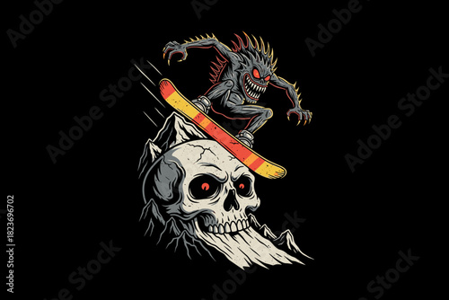 Scary monster snowboarding on a skull with glowing red eyes.