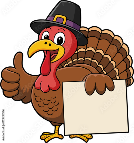 A cheerful cartoon turkey is wearing a pilgrim hat and giving a thumbs-up. The turkey holds a blank sign