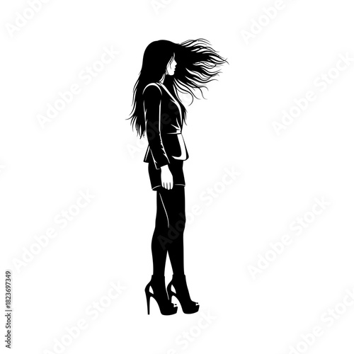 Silhouette of a woman in a suit with her hair blowing in the wind, seen from the side.