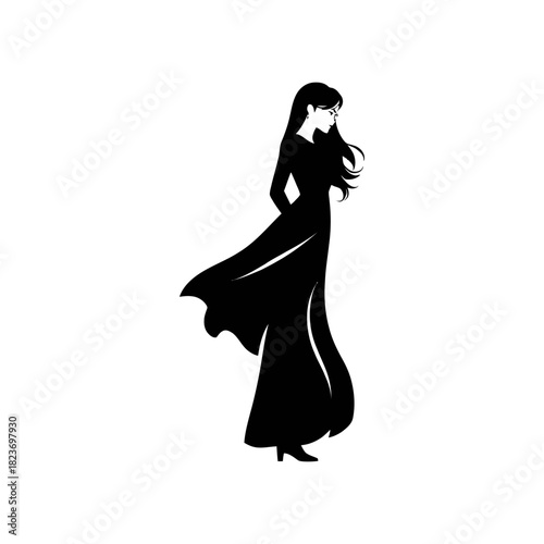 Silhouette of a woman in a long, flowing black dress with her hair down.