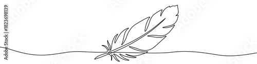 Feather in one line art style. Drawing of a bird feather, with black editable stroke on a white background. Vector illustration