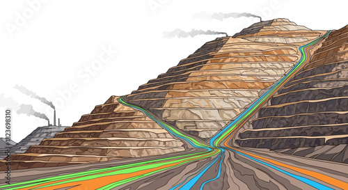 Open-Pit Mine Illustration with Terraced Layers and Colored Runoff Streams.