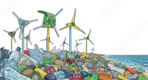 Surreal illustration of colorful wind turbines sprouting from a beach covered in plastic pollution.