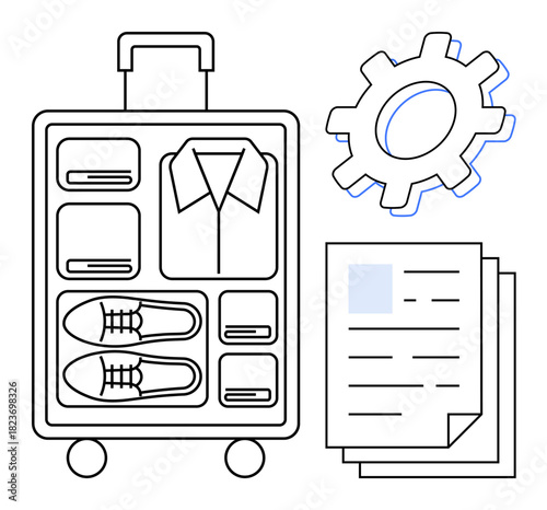 Neatly packed suitcase, folded clothes, shoes, documents, and gear for structured packing, productivity, travel logistics. Ideal for organization, business trips vacation task management system