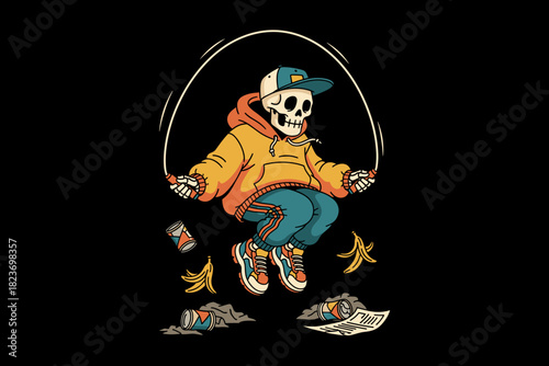 Skeleton character jumping rope wearing a hoodie and sneakers.