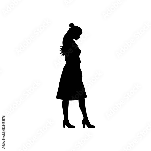 A black silhouette of a woman standing in profile, wearing a dress and high heels with her head bowed.