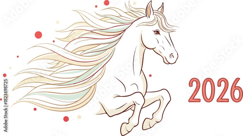 A cartoon horse prances beside the year 2026 adorned with red dots