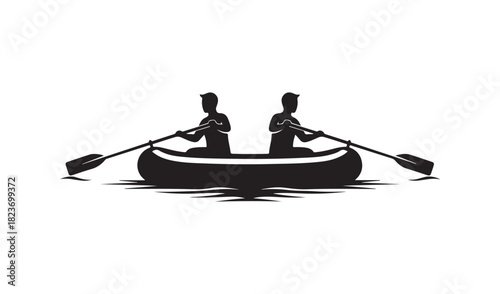Two silhouettes rowing a boat together on water