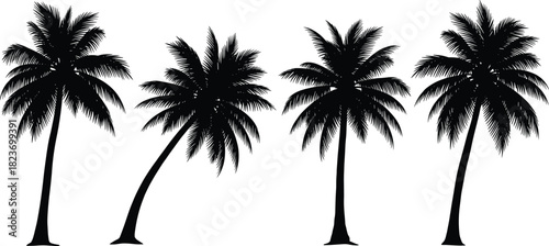 Palm tree silhouettes, tropical vector icons, black graphic elements, beach nature clipart, curved trunk illustration, exotic design, summer landscape art
